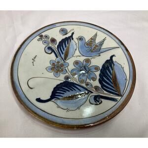 Ken Edwards Mexican Pottery Flat Lid Trivet Tile 7” Blue Brown Bird Signed